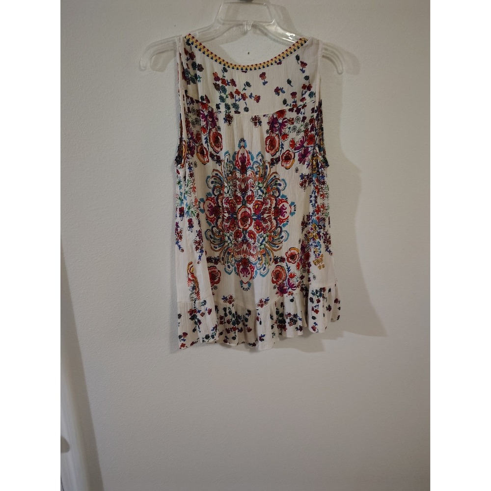 Bila Floral Medallion Print Sleeveless Boho Blouse V-Neck Ruffle Hem Large - Picture 3 of 3